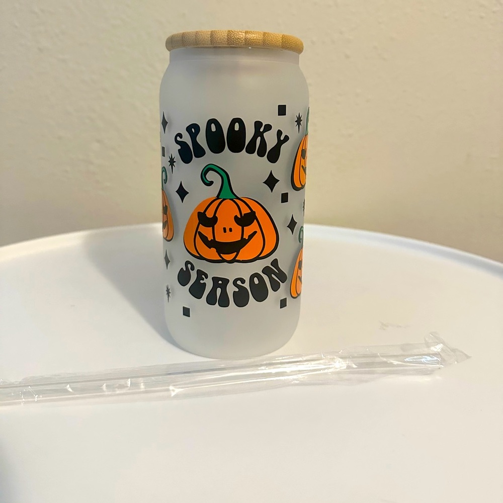 16oz Libbey glass cup with lid and straw NEW DIY halloween pumpkins